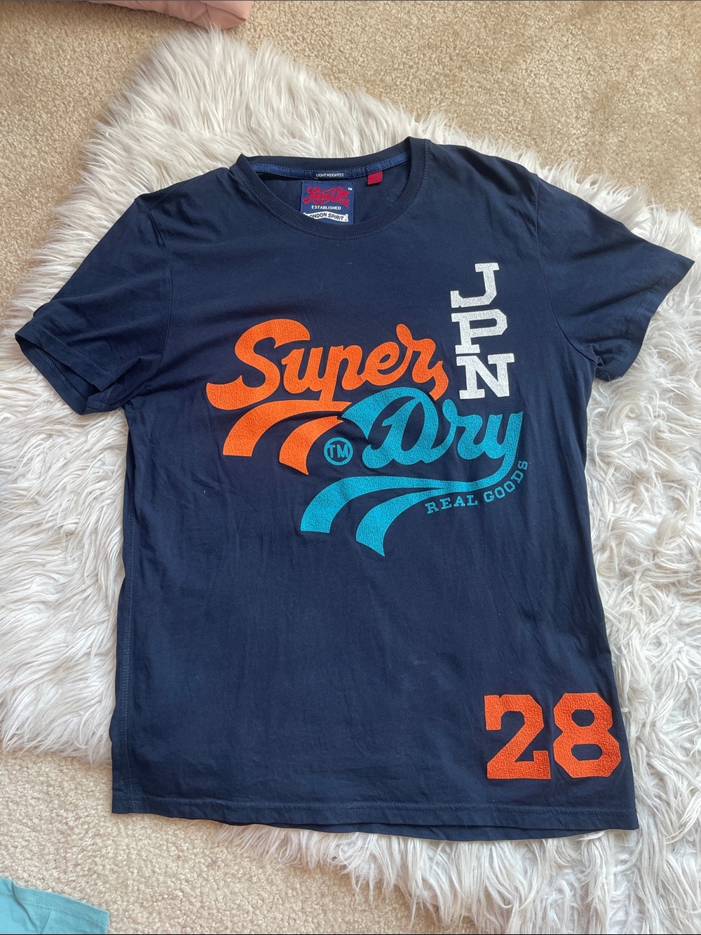 Superdry Navy Short-Sleeve Logo Tee with Orange & Teal Prints